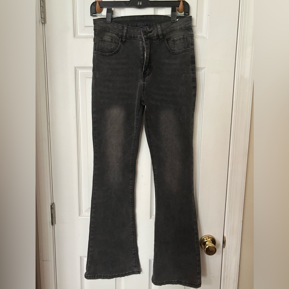 Black Jeans Stretch Denim Curvy Fit Bootcut Classic Zip Women Size 4 Distressed